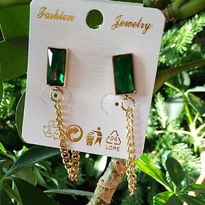 Emerald Green Rectangular Gem and Gold Tone Chain Earrings